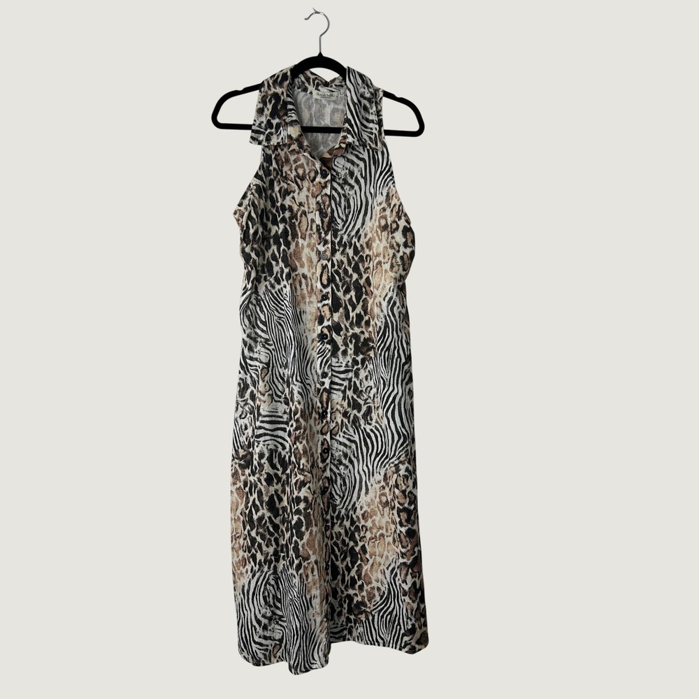 La Piccola Creativa Dress Womens XL Brown Leopard Print Safari Linen Cotton Midi